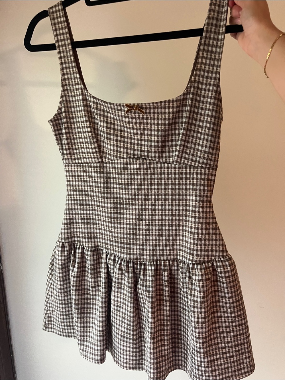 Brown Gingham Sleeveless Square-Neck Dress with Skort